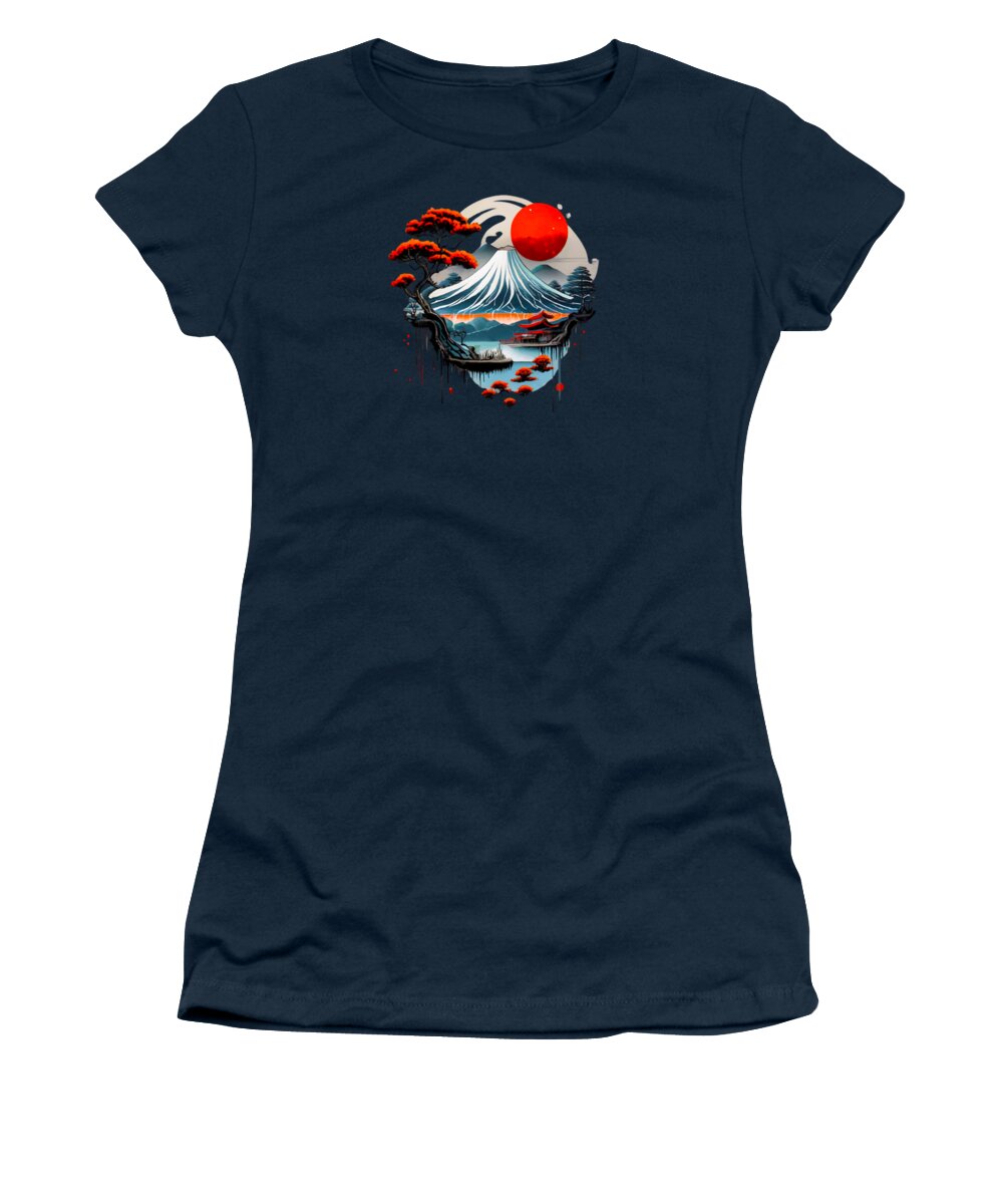 Navy women's T-shirt with Mount Fuji graphic and red sun