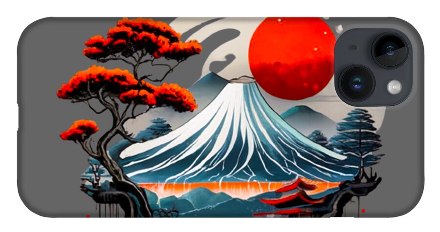 Mount Fuji Japanese landscape phone case, gray back with red moon and blue ocean waves