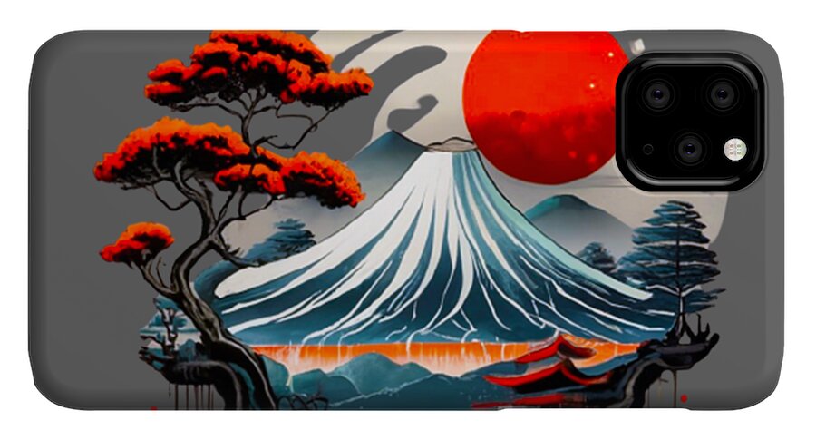 Japanese landscape phone case with Mount Fuji scene, red sun and pine trees, dark gray back