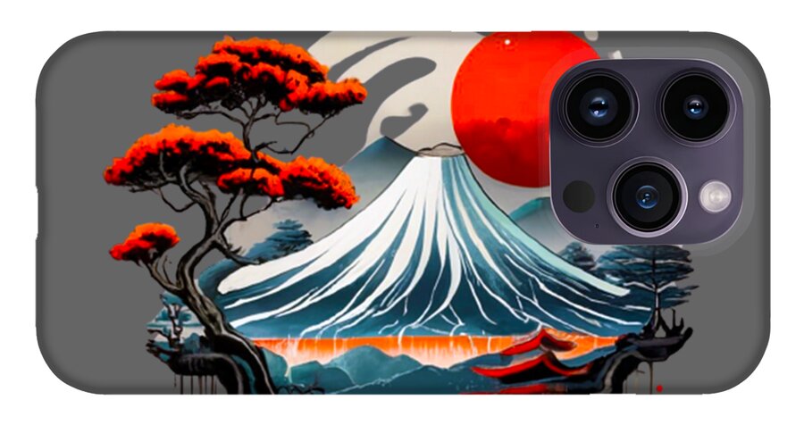 Mount Fuji Japanese landscape phone case, gray back with red moon and camera lenses on right