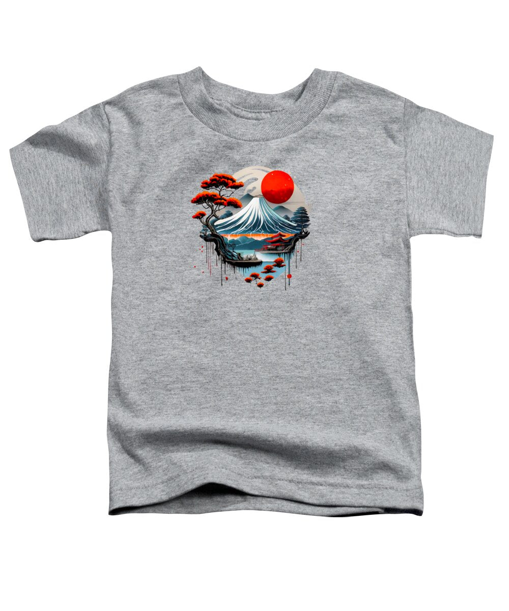 Toddler T-shirt, heather gray, Japanese landscape graphic with red sun and wave art