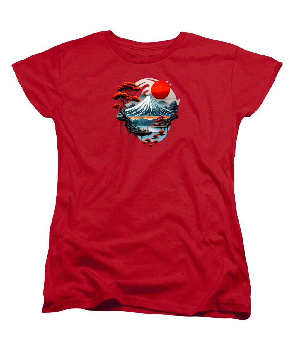 Red women's t-shirt with Japanese mountain graphic and red sun print on front