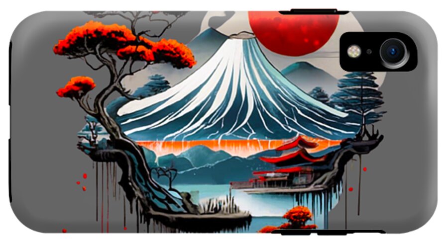 Gray phone case with Mount Fuji artwork, red sun and waves; camera cutout at top-right.