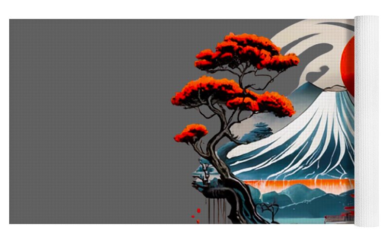 Rolled printed yoga mat detail: red sun, white wave peaks, pine trees