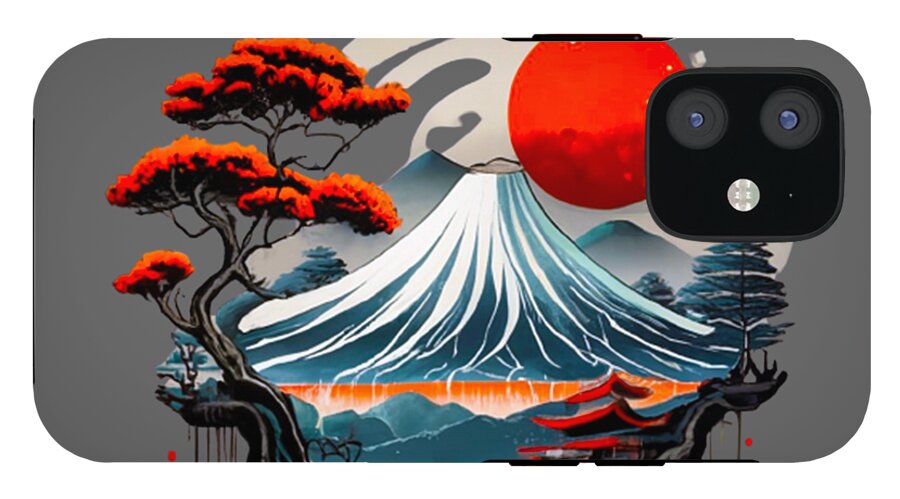 Japanese landscape phone case with Mount Fuji scene, red sun and pine trees on dark gray