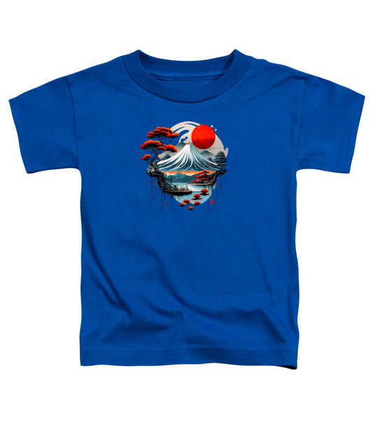 Toddler T-shirt, royal blue, Japanese landscape graphic with red sun and waves