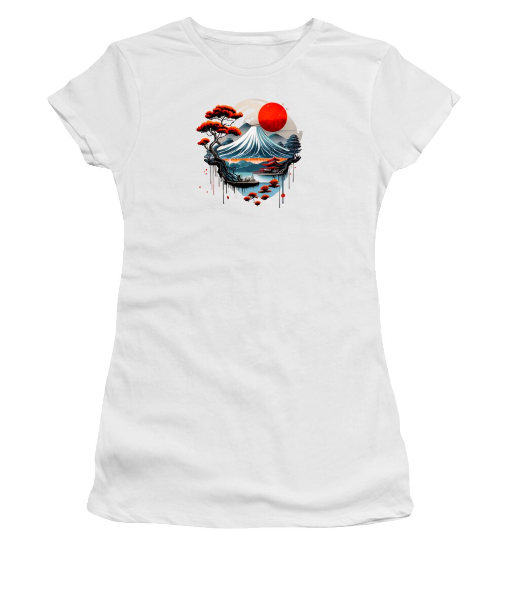 White women's T-shirt with Mount Fuji graphic and red sun