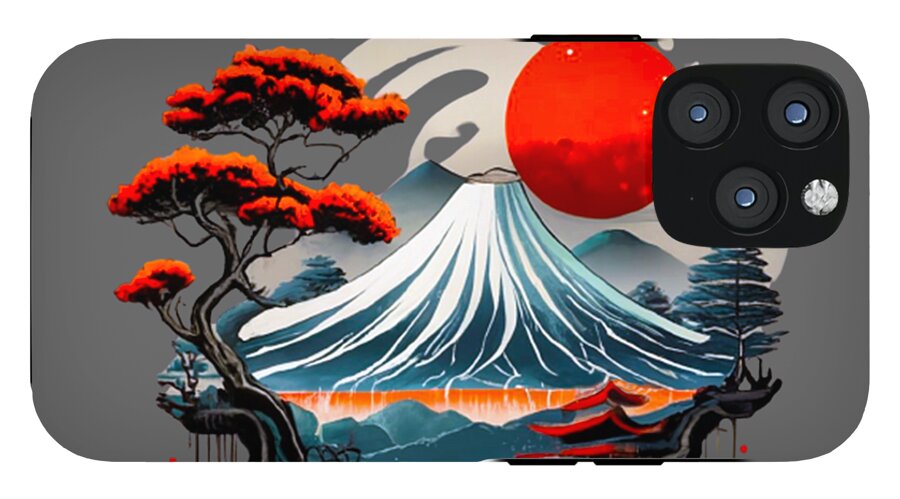 Japanese landscape phone case showing Mount Fuji wave, red sun and pine trees on dark gray