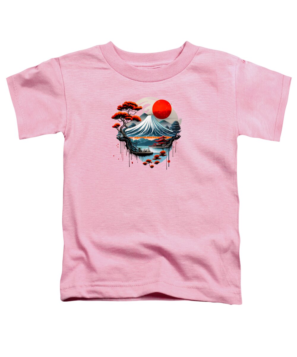 Toddler T-shirt, pink, Japanese landscape graphic with red sun and water waves