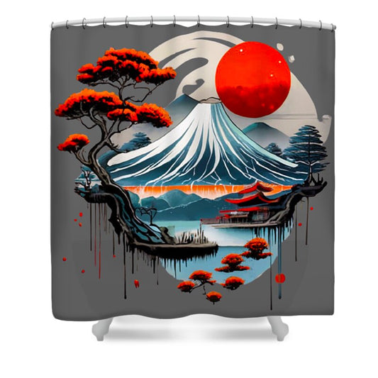 Shower curtain with Mount Fuji scene, red sun, ocean waves, pagoda and pine trees