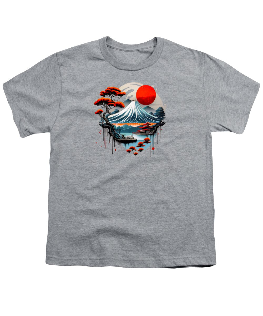 Youth T-shirt in heather gray with Japanese wave and red sun graphic centered