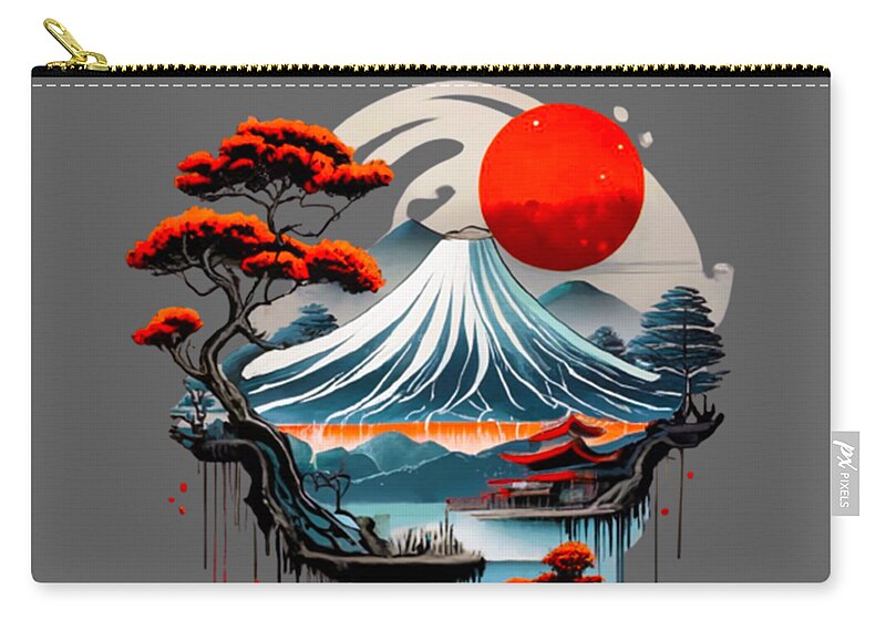 Zip pouch with gold zipper and Japanese landscape artwork: red sun over ocean waves.
