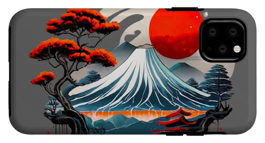 Japanese landscape phone case showing Mount Fuji wave with red sun on dark gray