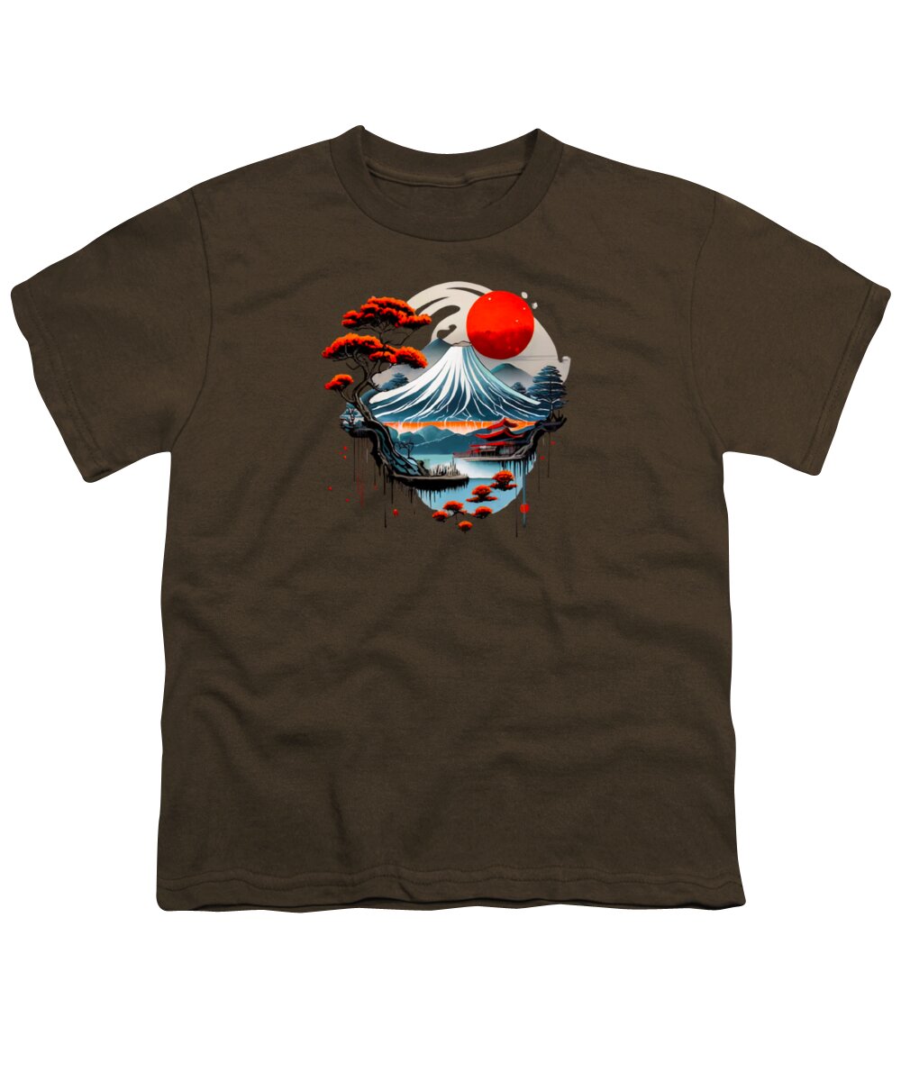 Youth T-shirt in coffee brown with Japanese wave and red sun graphic centered