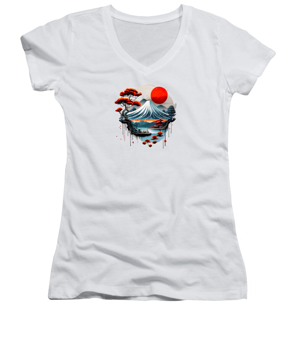 White women's V-neck T-shirt with front wave-and-mountain graphic