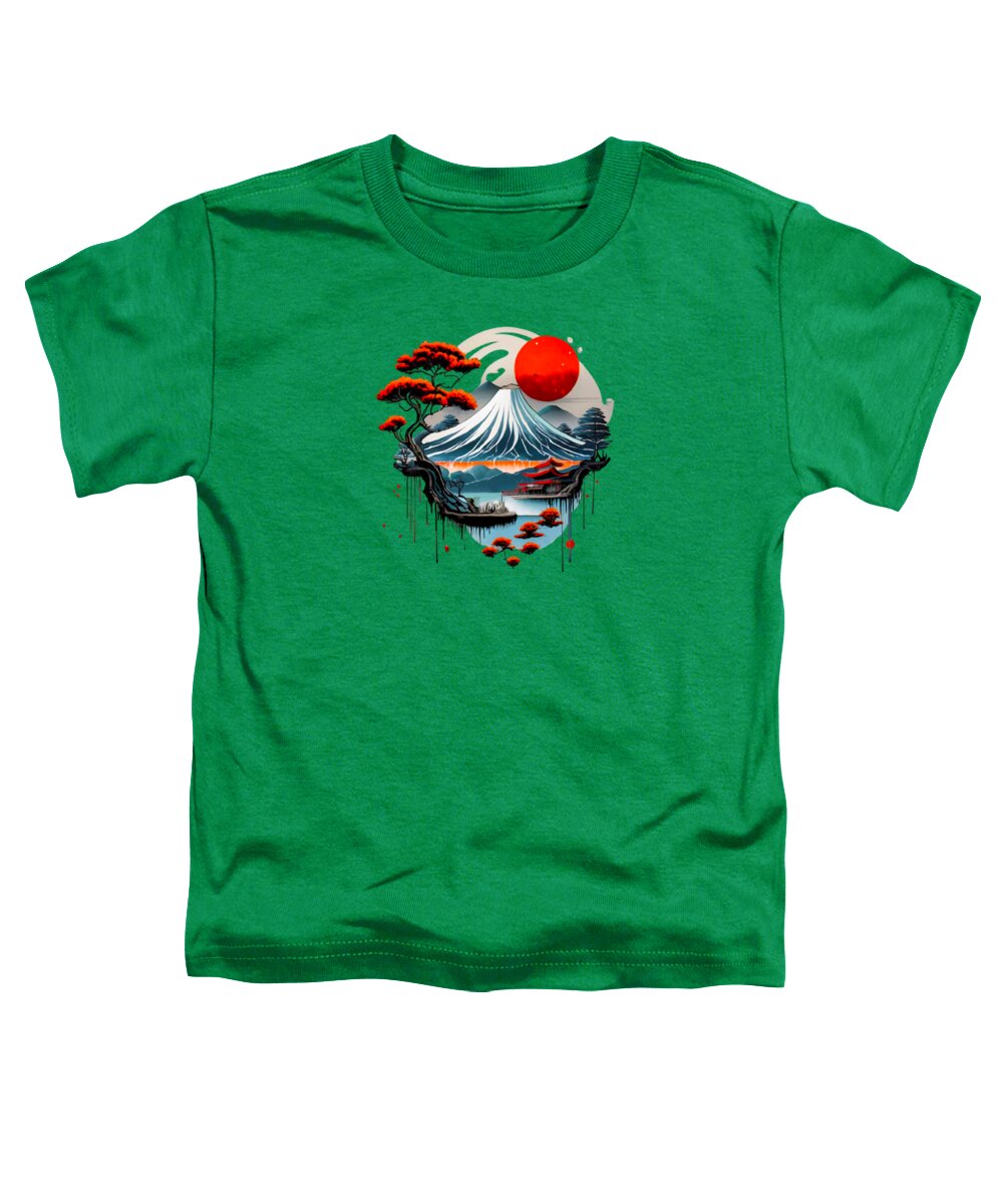 Toddler T-shirt, kelly green, Japanese landscape graphic with red sun and waves