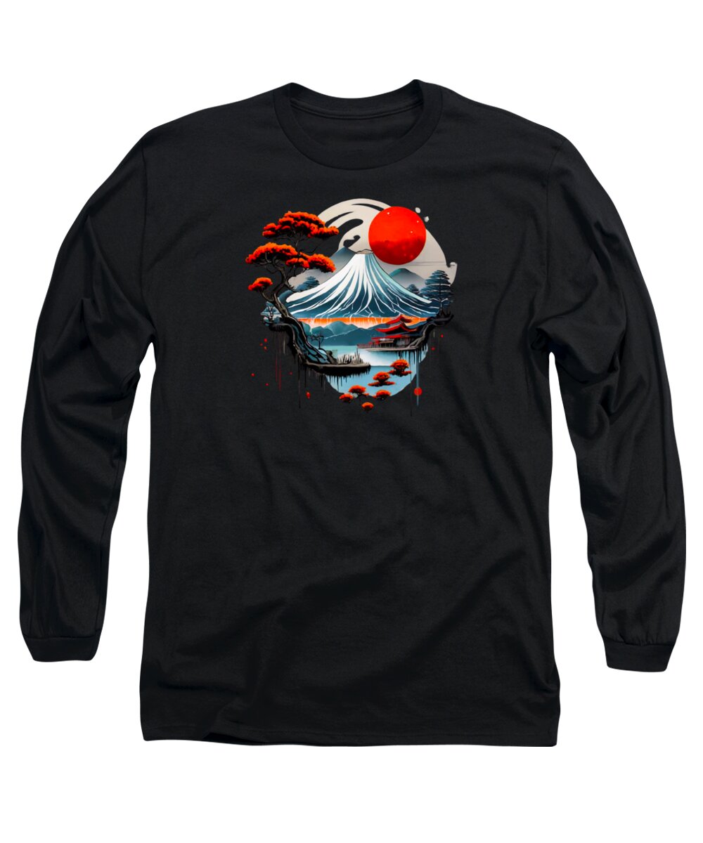 Black long-sleeve T-shirt with Japanese landscape graphic on chest