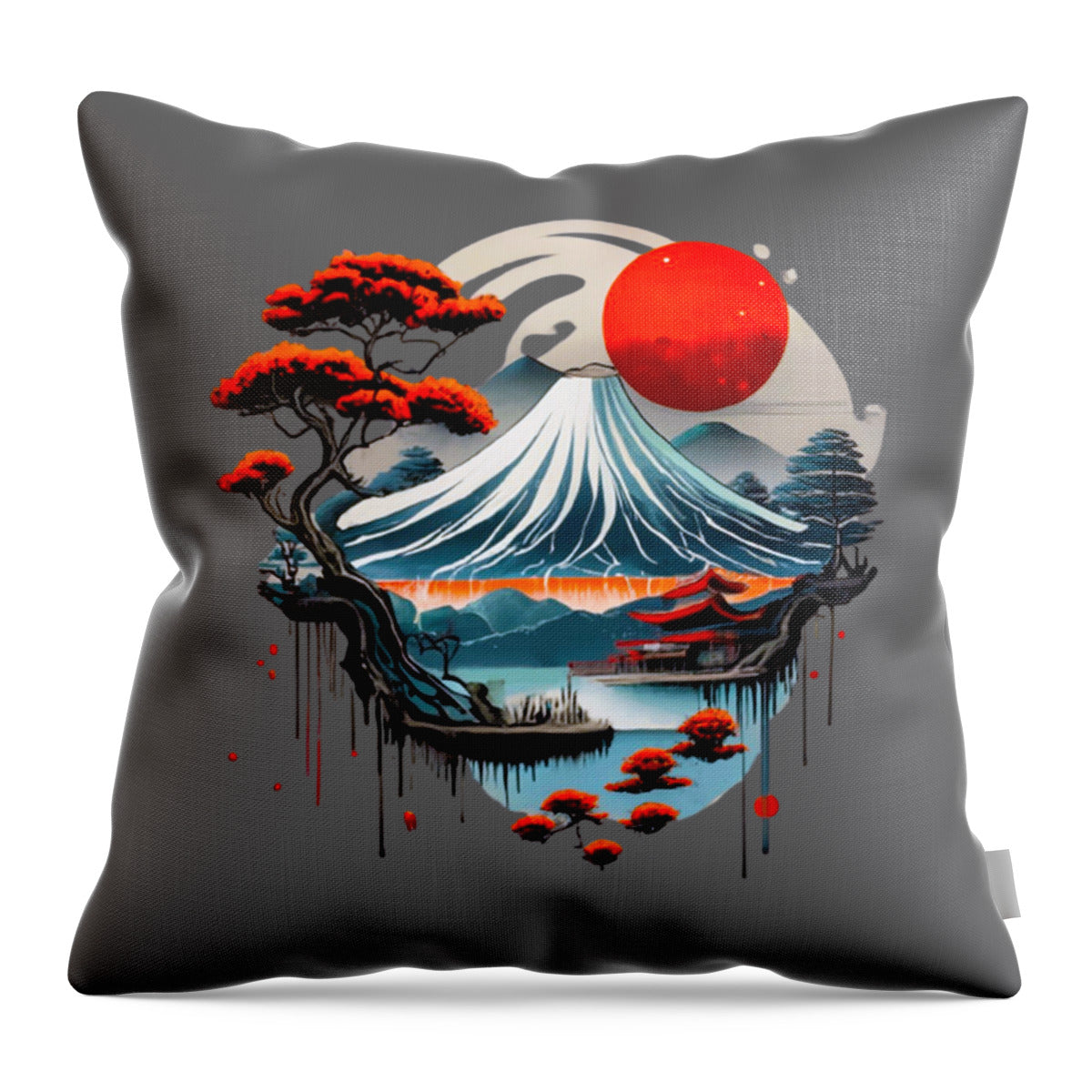 Gray pillow cover with red sun, blue wave scene, and dark pine tree silhouette artwork