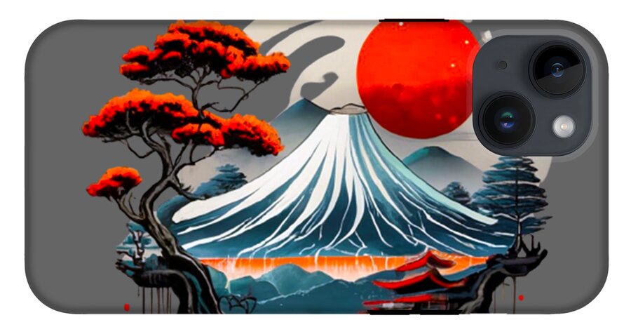 Mount Fuji Japanese landscape phone case, gray back with red sun, surf foam, and camera lens cutouts
