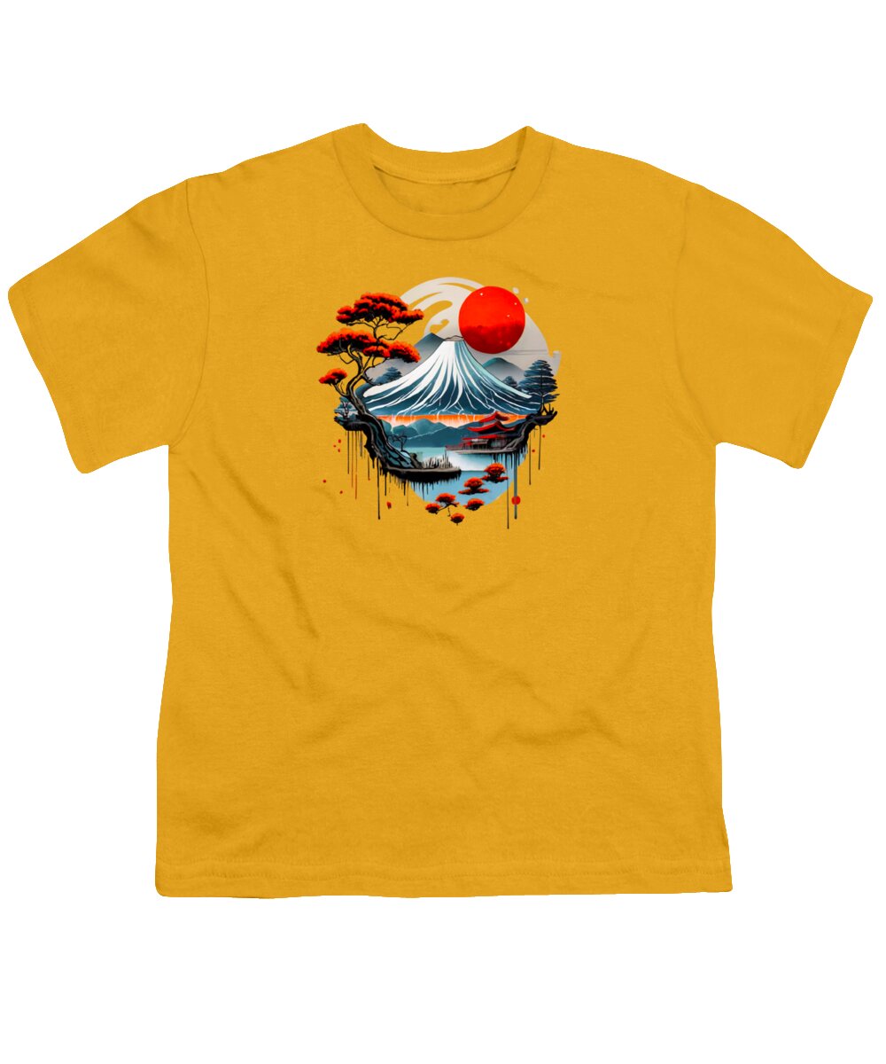Youth T-shirt in yellow with Japanese wave and red sun graphic centered