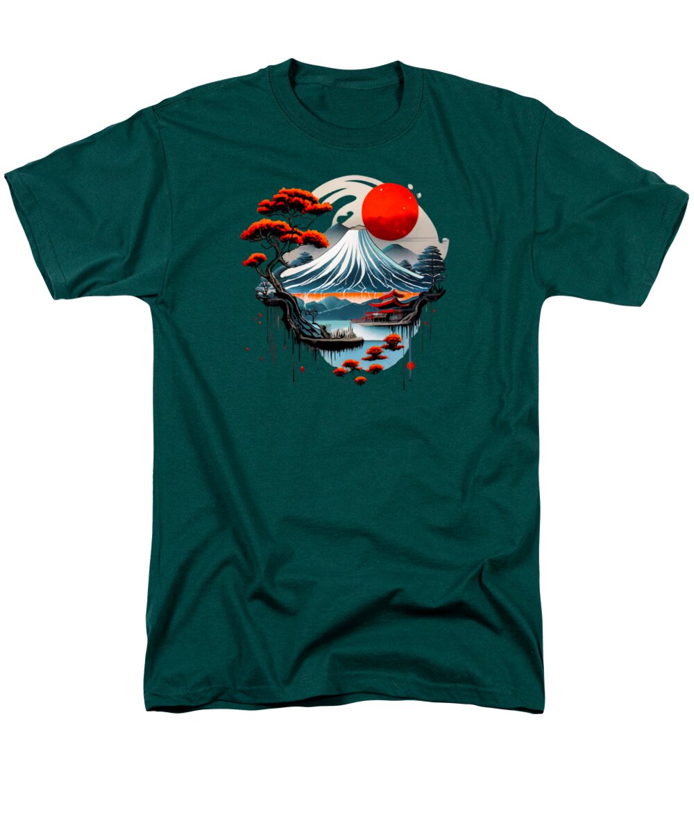 Men's dark green T-shirt with Japanese mountain and red sun graphic