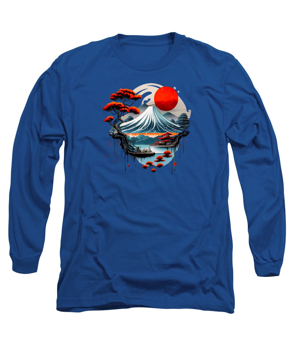 Royal blue long-sleeve T-shirt with Japanese landscape graphic on chest