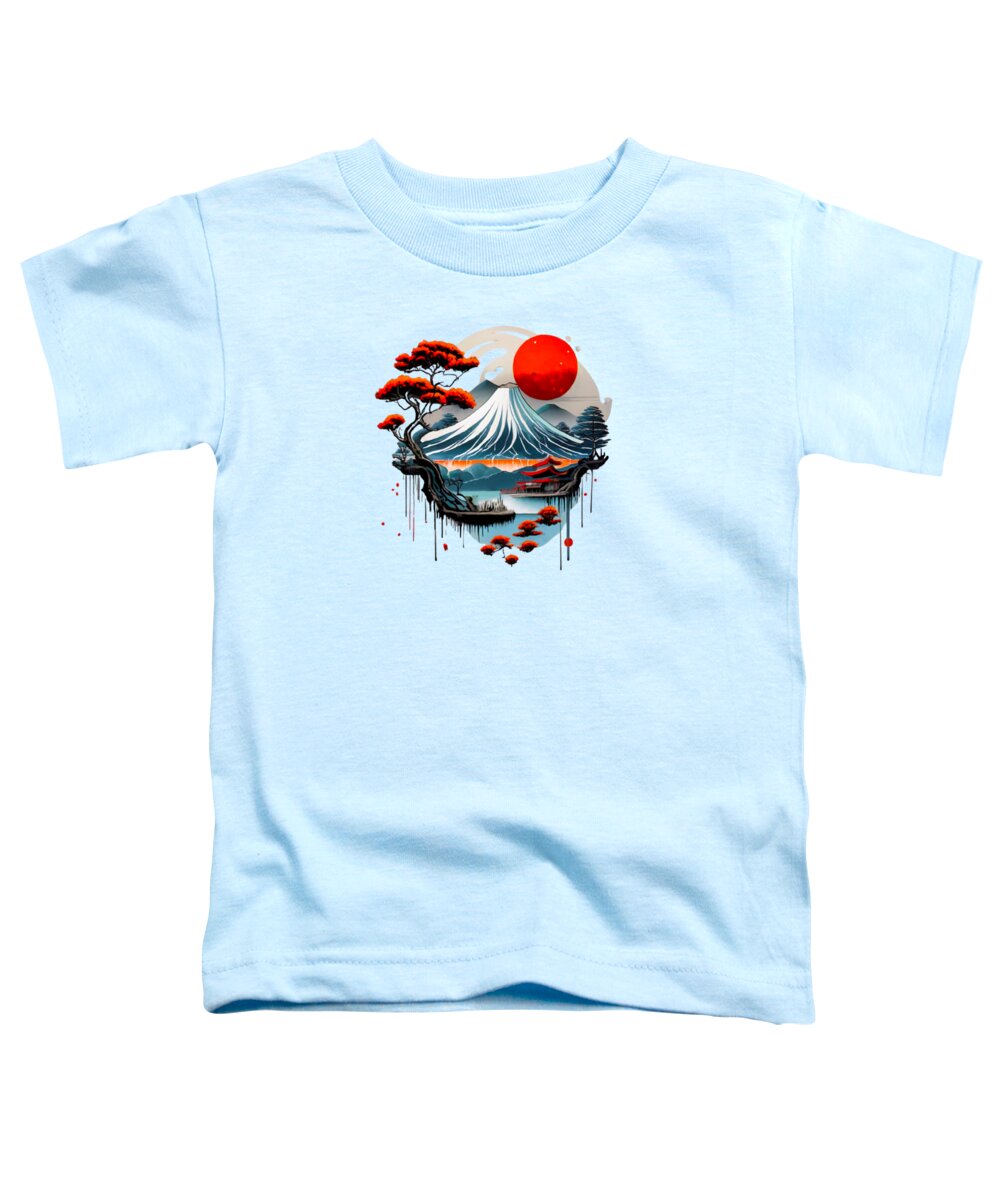 Toddler T-shirt, pale light blue, Japanese landscape graphic with red sun and waves