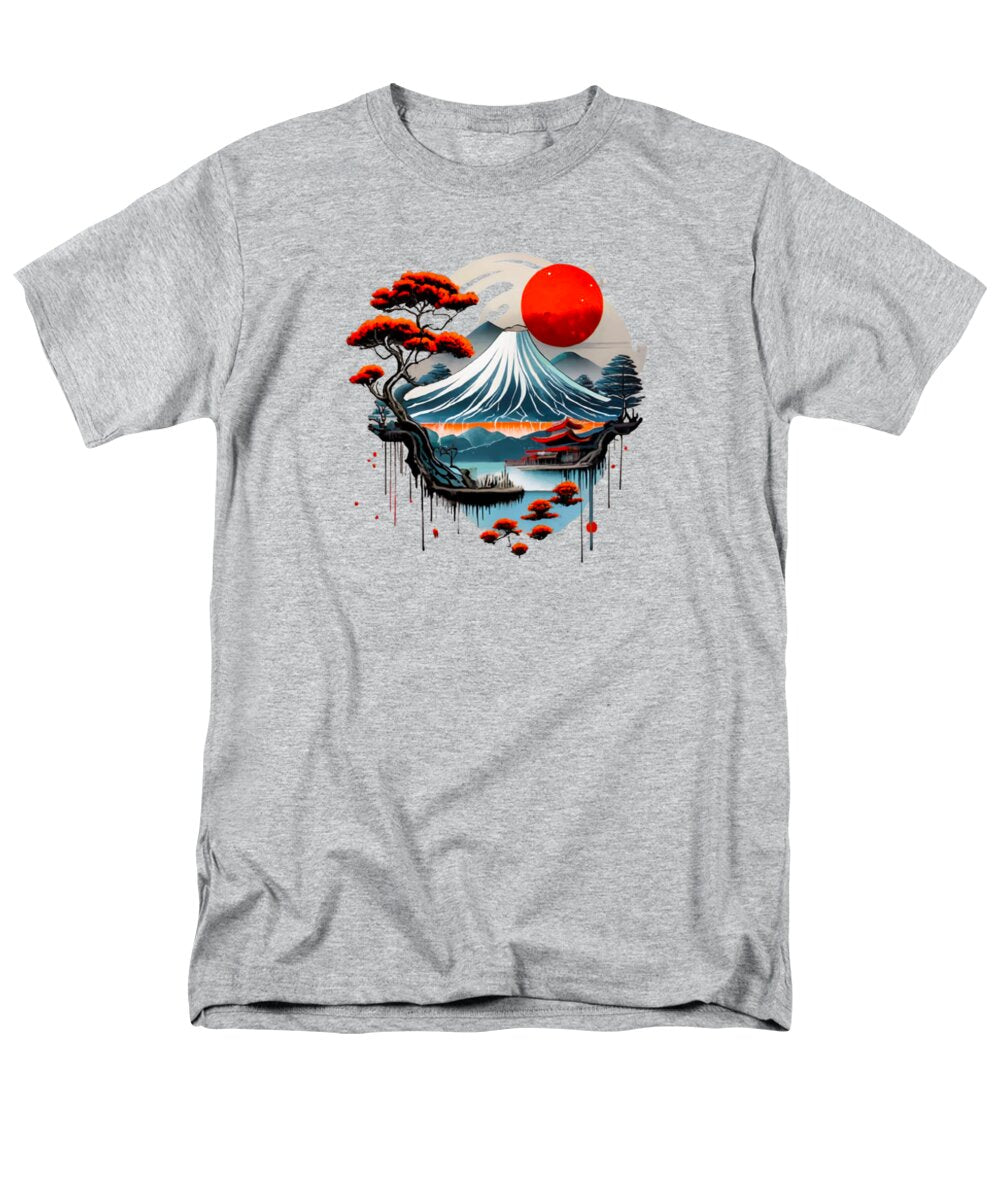 Men's heather gray T-shirt with Japanese mountain and red sun graphic