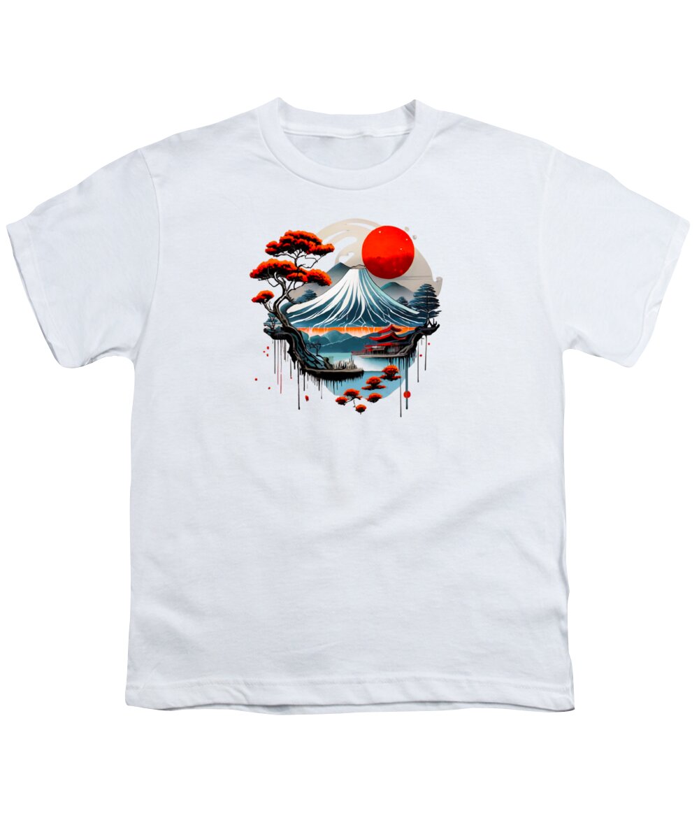 White youth t-shirt with front graphic of wave, red sun, and distant hills.