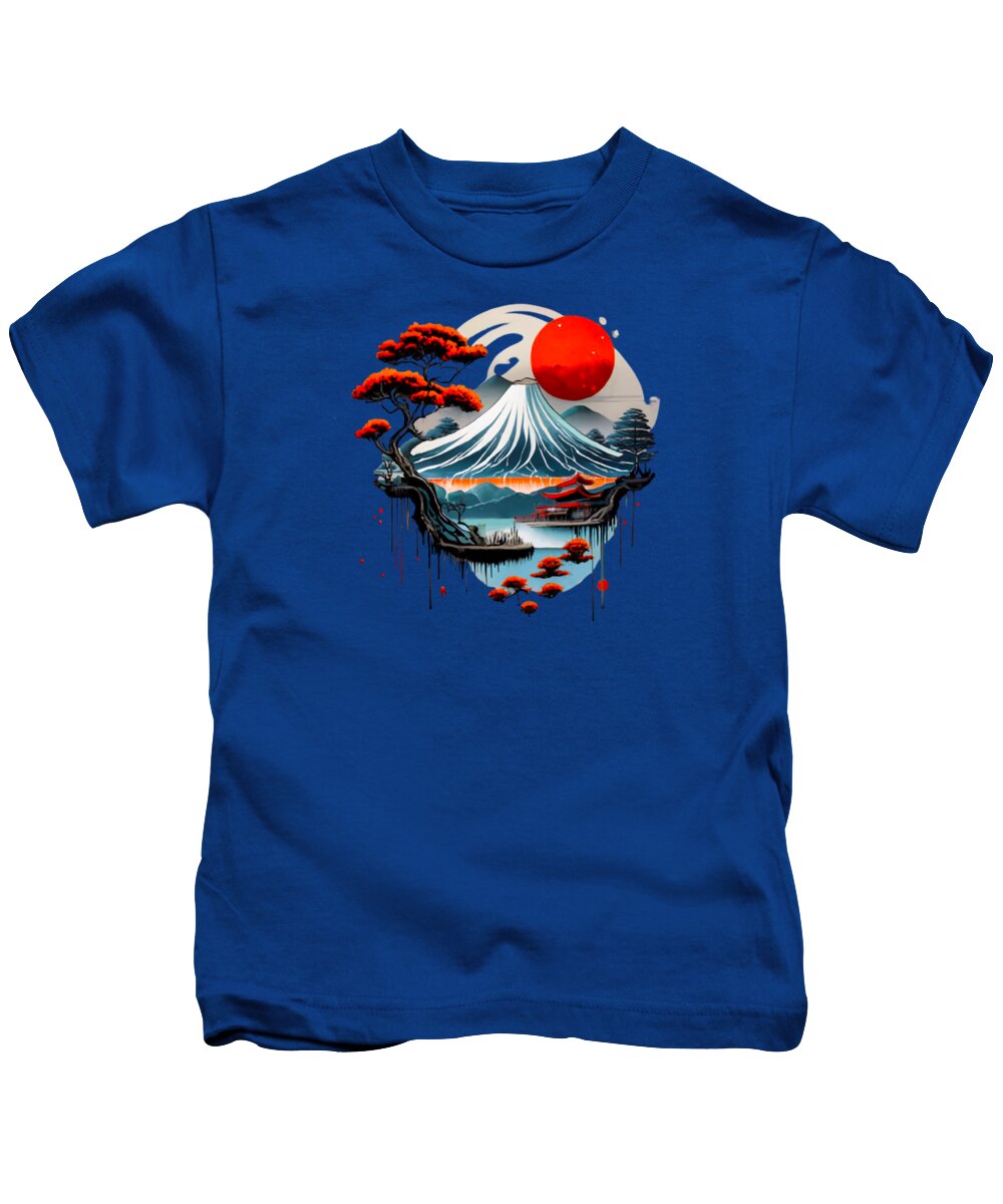Kids t-shirt in royal blue with Mount Fuji landscape graphic on front