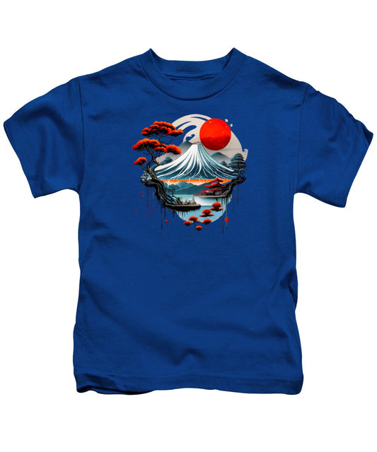 Kids t-shirt in royal blue with Mount Fuji landscape graphic on front