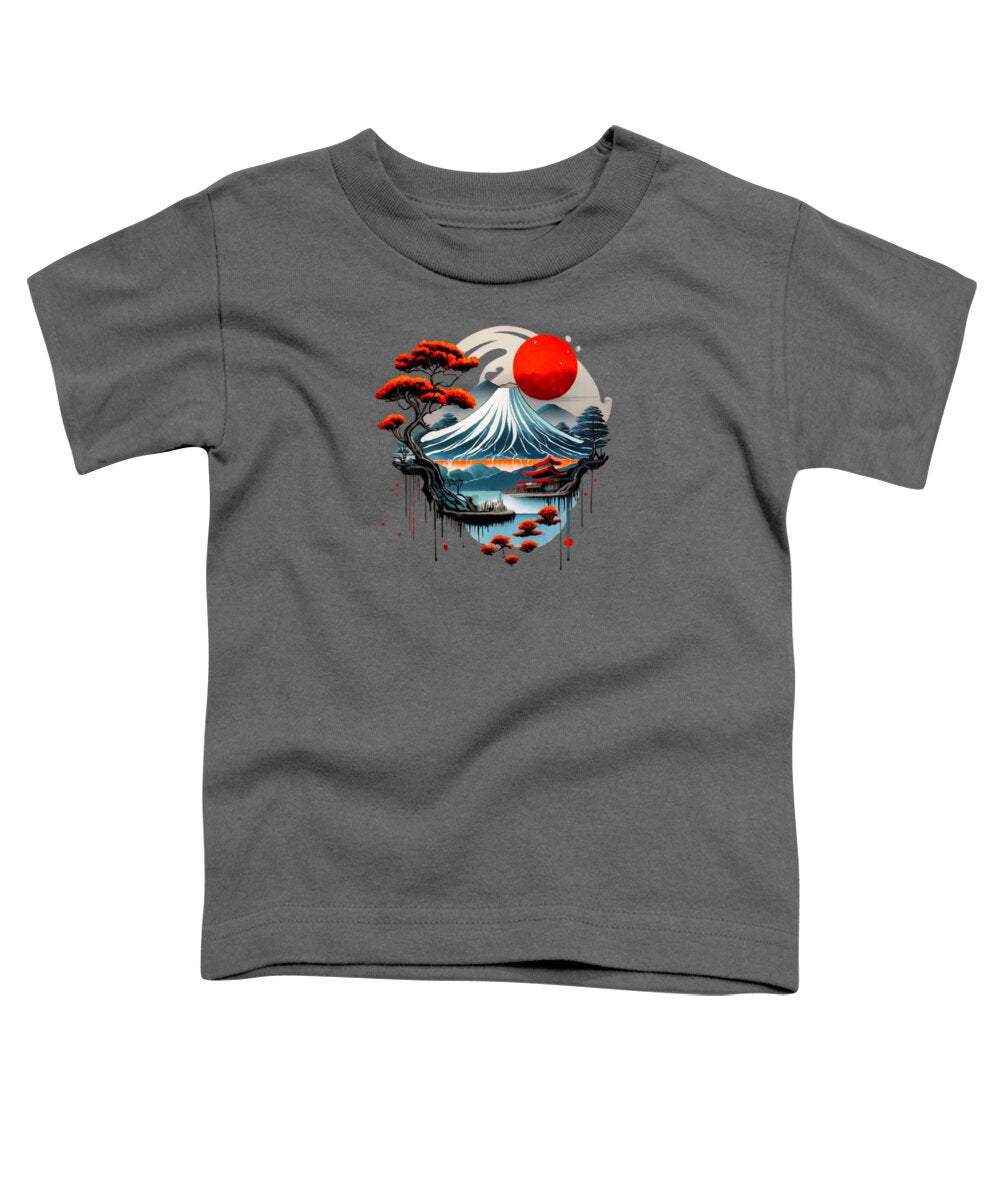 Toddler T-shirt, charcoal gray, Japanese landscape graphic with red sun and waves