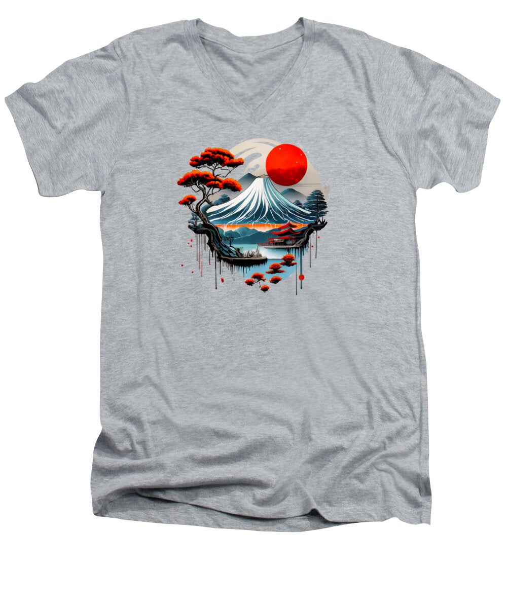 Men's heather gray v-neck T-shirt with Japanese landscape graphic and red sun