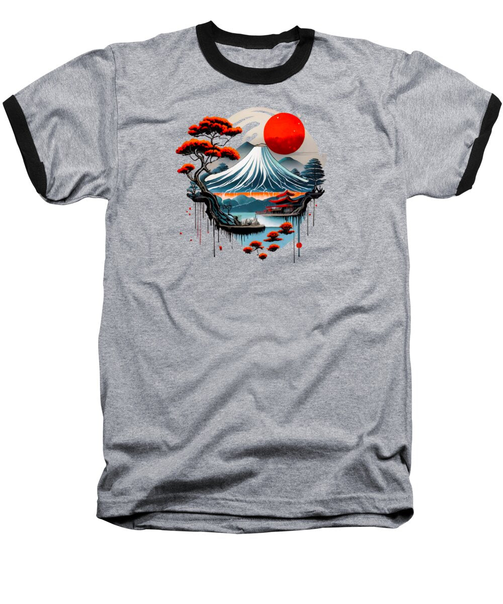 Heather gray baseball T-shirt with black trim and colorful Mount Fuji graphic