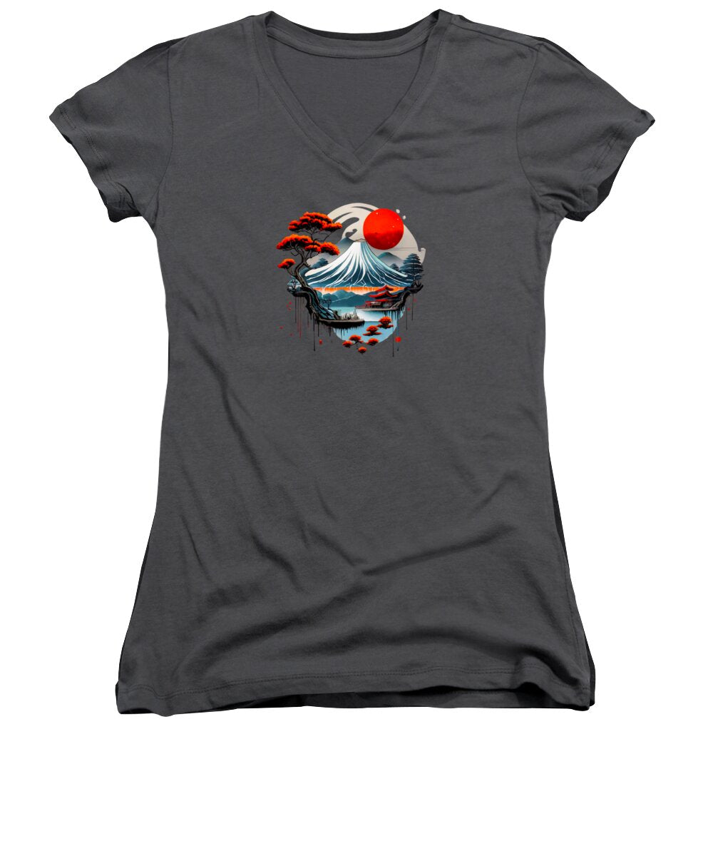 Charcoal women's V-neck T-shirt with front wave-and-mountain graphic