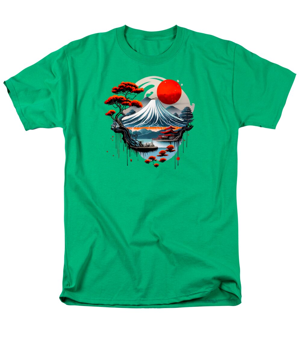 Men's green T-shirt with Japanese mountain and red sun graphic