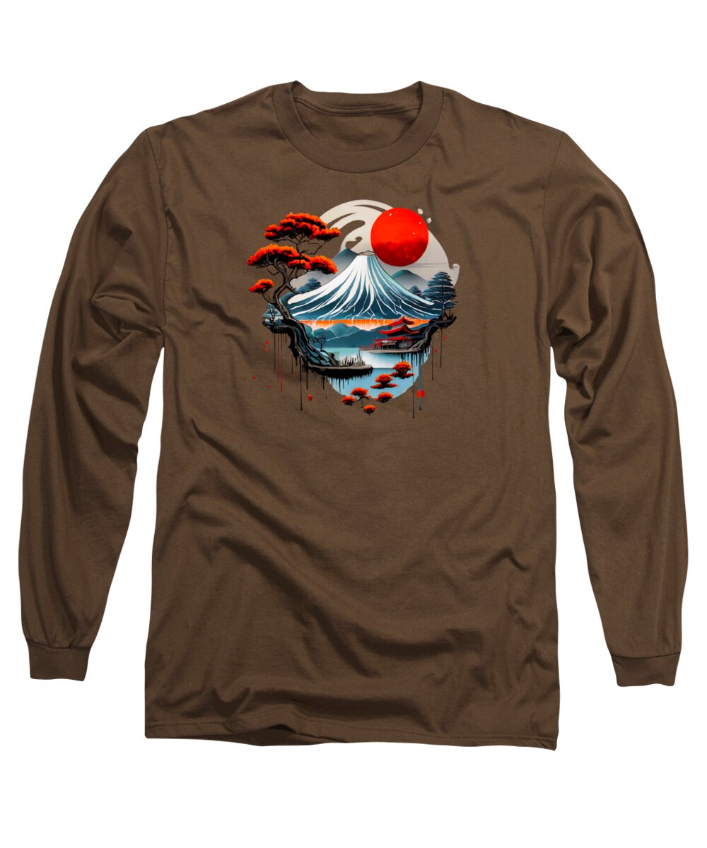 Coffee brown long-sleeve T-shirt with Japanese landscape graphic on chest