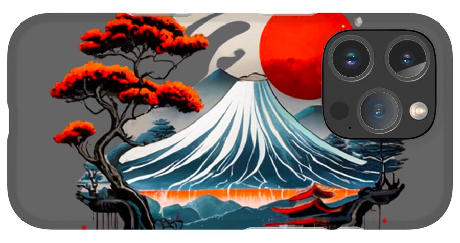 Gray phone case with Mount Fuji waves, red sun, and pine trees; multi-lens camera cutout.