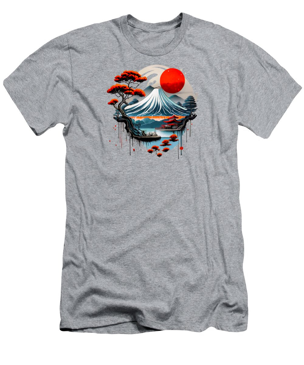 Heather gray T-shirt with Japanese landscape graphic and red sun on front