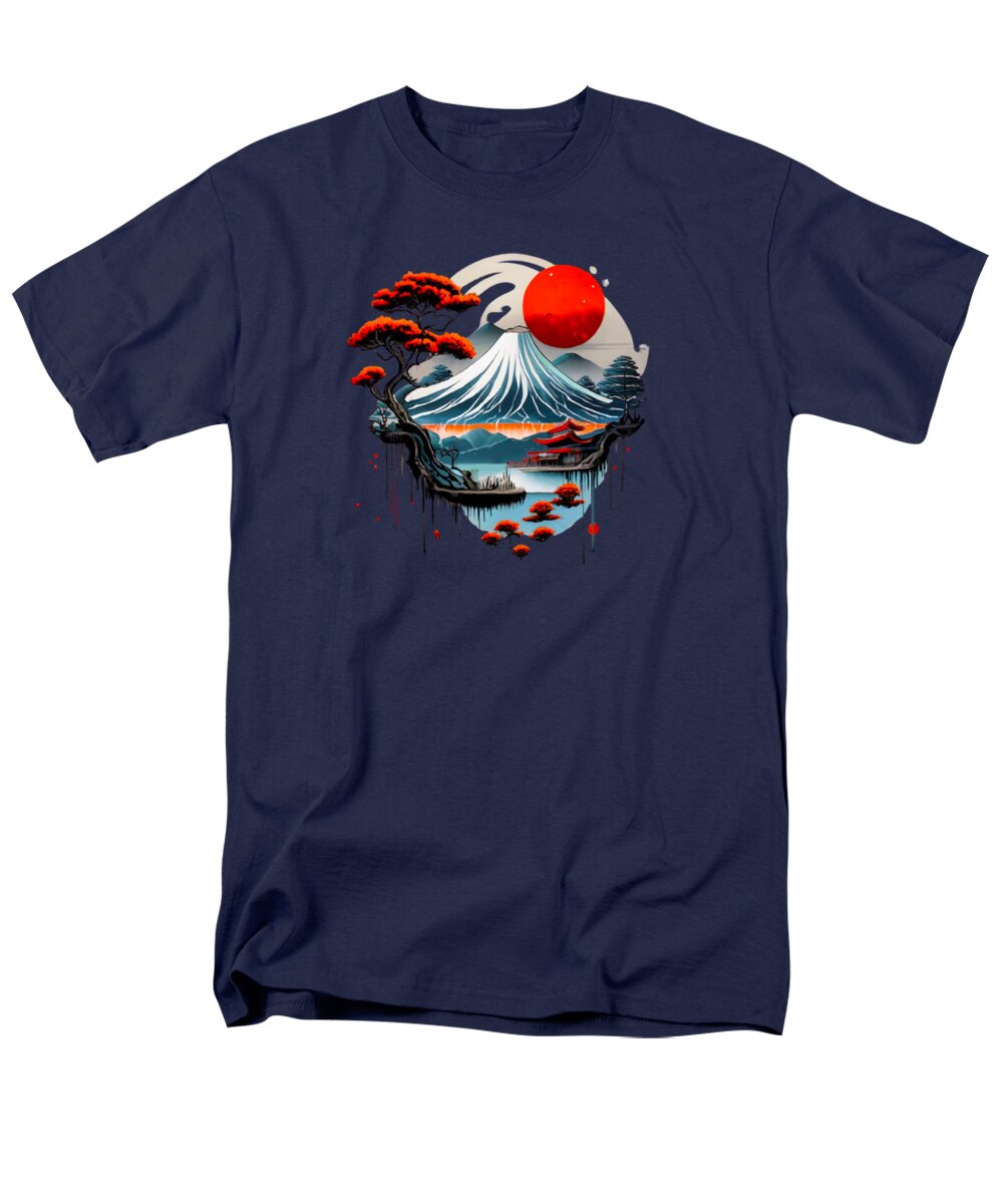 Navy men's T-shirt with circular Japanese landscape graphic and red sun