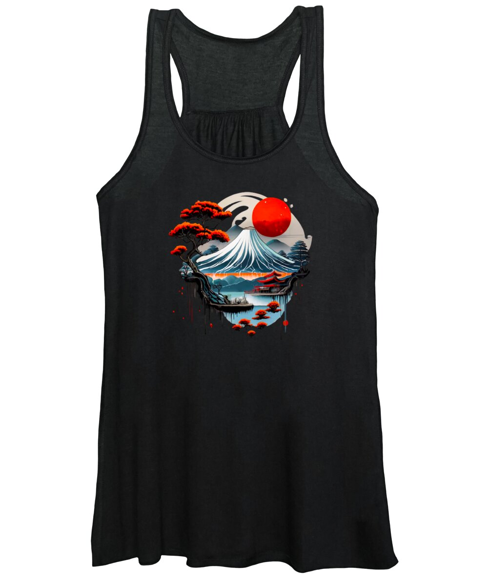 Black women's tank top with Japanese wave and red sun graphic