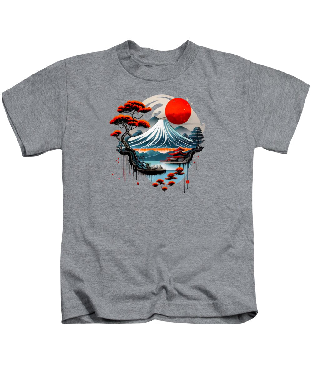 Kids t-shirt in heather gray with Mount Fuji landscape graphic on front