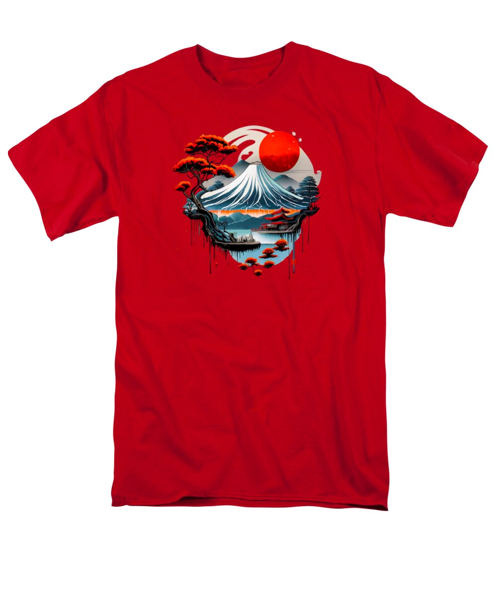 Red men's T-shirt with circular Japanese landscape graphic and red sun