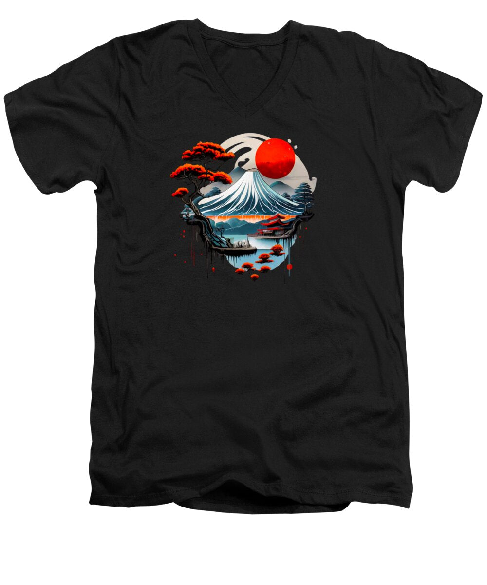 Men's black v-neck T-shirt with Japanese landscape graphic and red sun