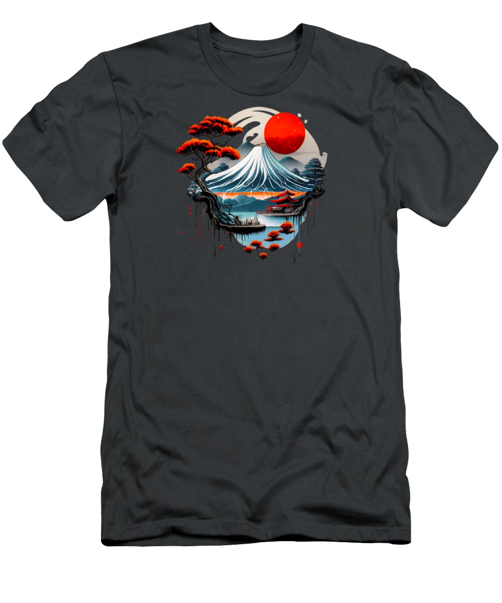 Charcoal gray T-shirt with Japanese landscape graphic and red sun on front