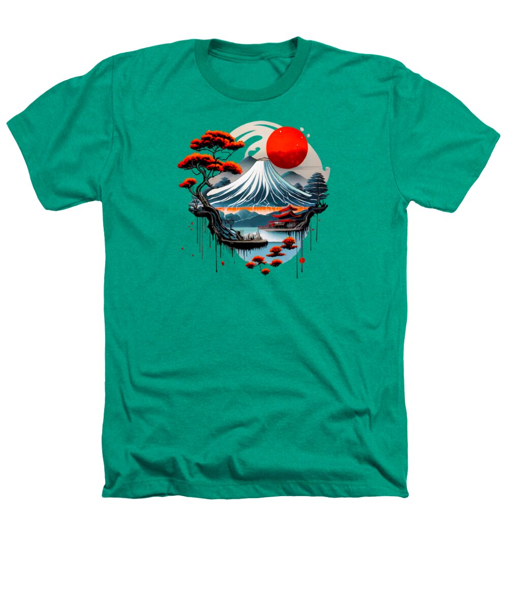 Kelly green heather t-shirt with Japanese landscape graphic, red sun and waves.