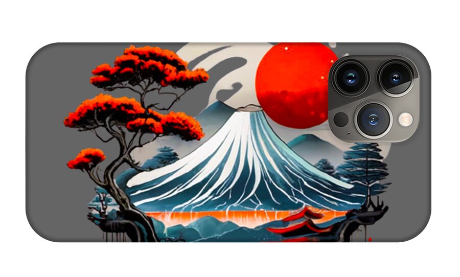Phone case with Mount Fuji artwork: red sun over a white wave mountain, blue water, and bonsai trees.