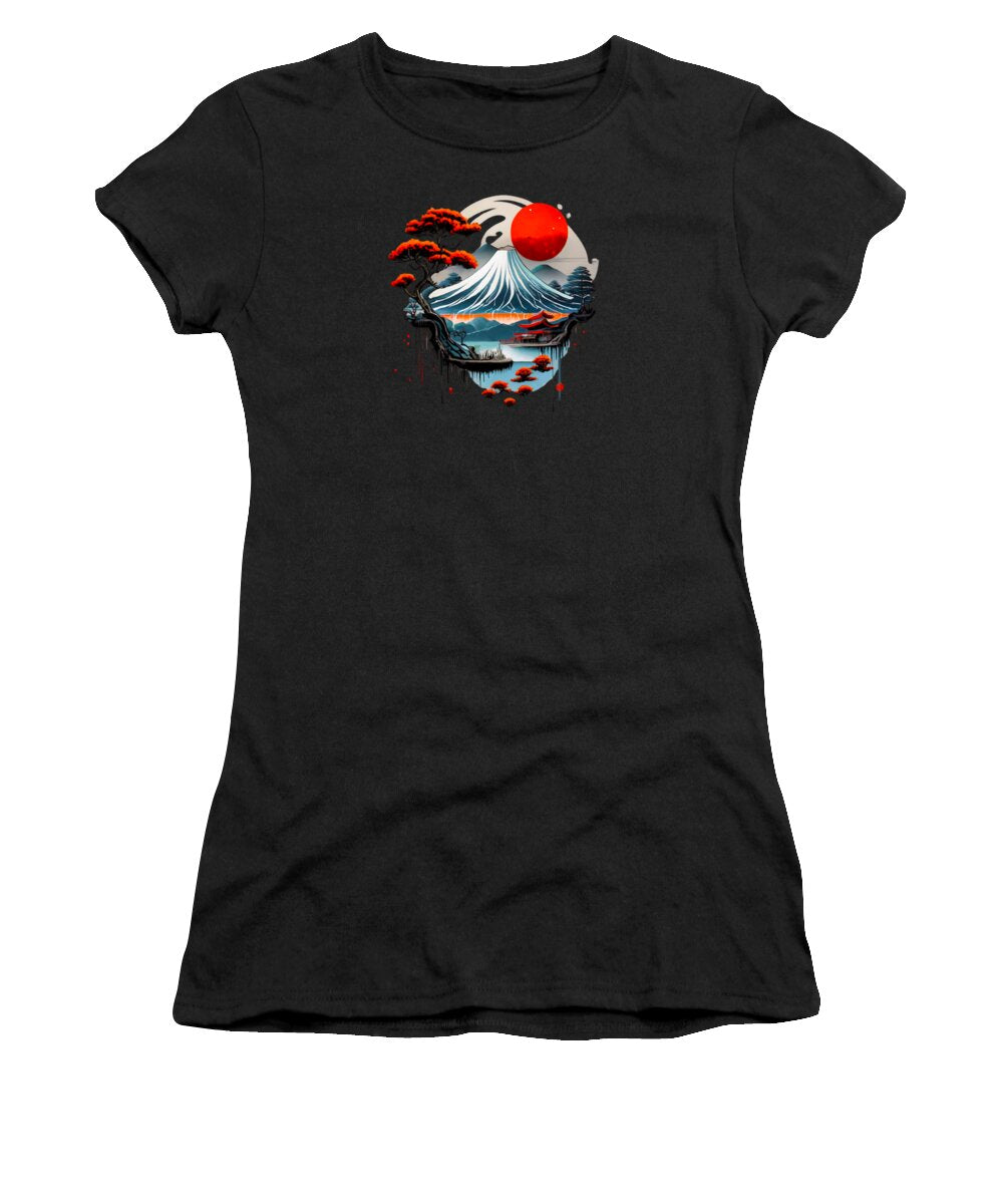 Black women's T-shirt with Mount Fuji graphic and red sun