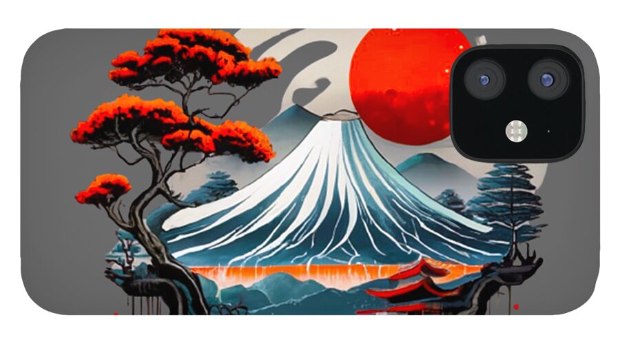 Phone case with Mount Fuji artwork: red sun, white wave mountain, blue water, and bonsai/pine trees; camera cutout.