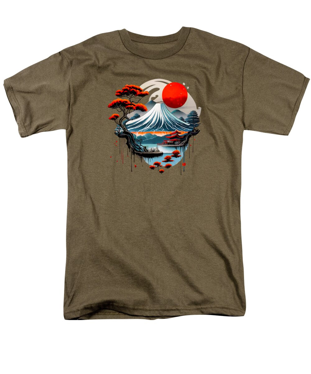 Olive brown men's T-shirt with circular Japanese landscape graphic and red sun
